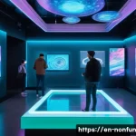 Home 20 NFT 아트의 글로벌 트렌드 - A futuristic digital art gallery scene showcasing a diverse group of visitors interacting with holog...