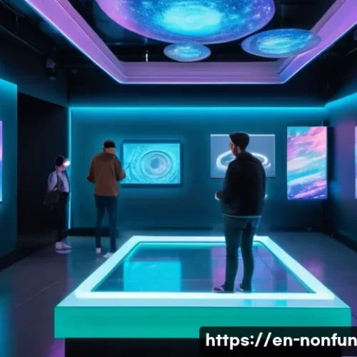 Home 32 NFT 아트의 글로벌 트렌드 - A futuristic digital art gallery scene showcasing a diverse group of visitors interacting with holog...