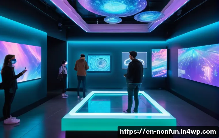 NFT 아트의 글로벌 트렌드 - A futuristic digital art gallery scene showcasing a diverse group of visitors interacting with holog...