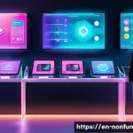 Home 19 NFT 거래 플랫폼의 시장 점유율 분석 - A vibrant digital art gallery scene showcasing a diverse group of collectors and creators interactin...