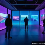 Home 23 NFT의 생태계와 거래 플랫폼의 역할 - A futuristic digital art gallery interior showcasing vibrant NFT artworks displayed on sleek hologra...