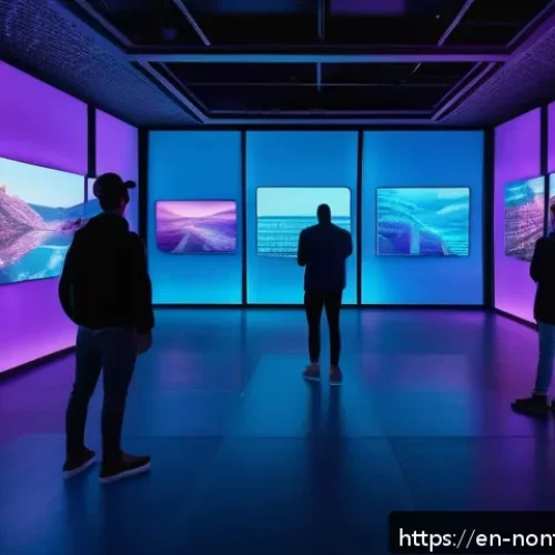 Home 17 NFT의 생태계와 거래 플랫폼의 역할 - A futuristic digital art gallery interior showcasing vibrant NFT artworks displayed on sleek hologra...