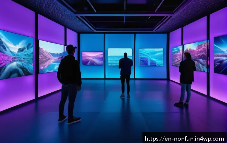 NFT의 생태계와 거래 플랫폼의 역할 - A futuristic digital art gallery interior showcasing vibrant NFT artworks displayed on sleek hologra...