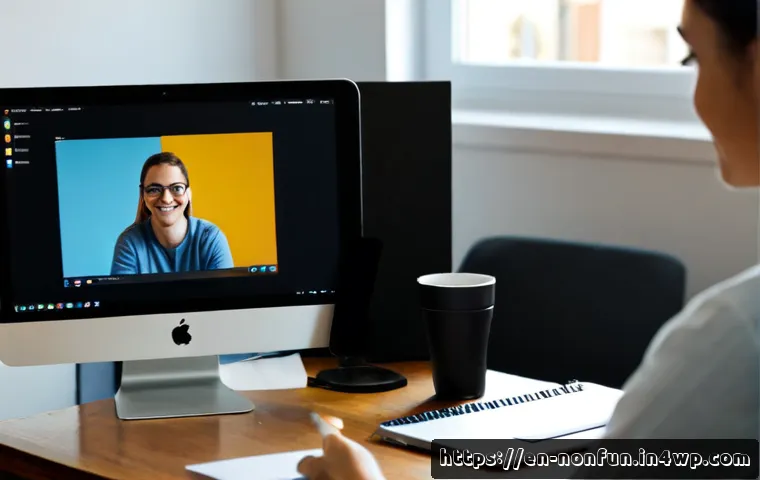 Home 17 NFT 발행 후 커뮤니티와의 소통 방법 - Photorealistic home office scene of a digital artist hosting a friendly online community discussion ...